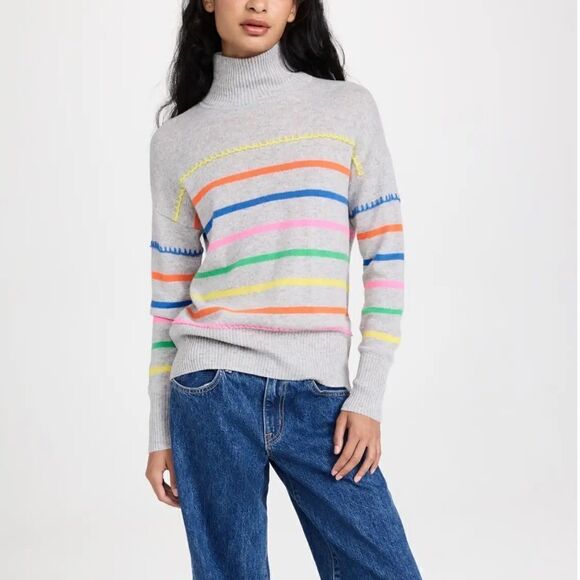 Autumn Cashmere Multi Colored Cashmere Breton Stripe Mock With Blanket Stitch - Picture 1 of 8